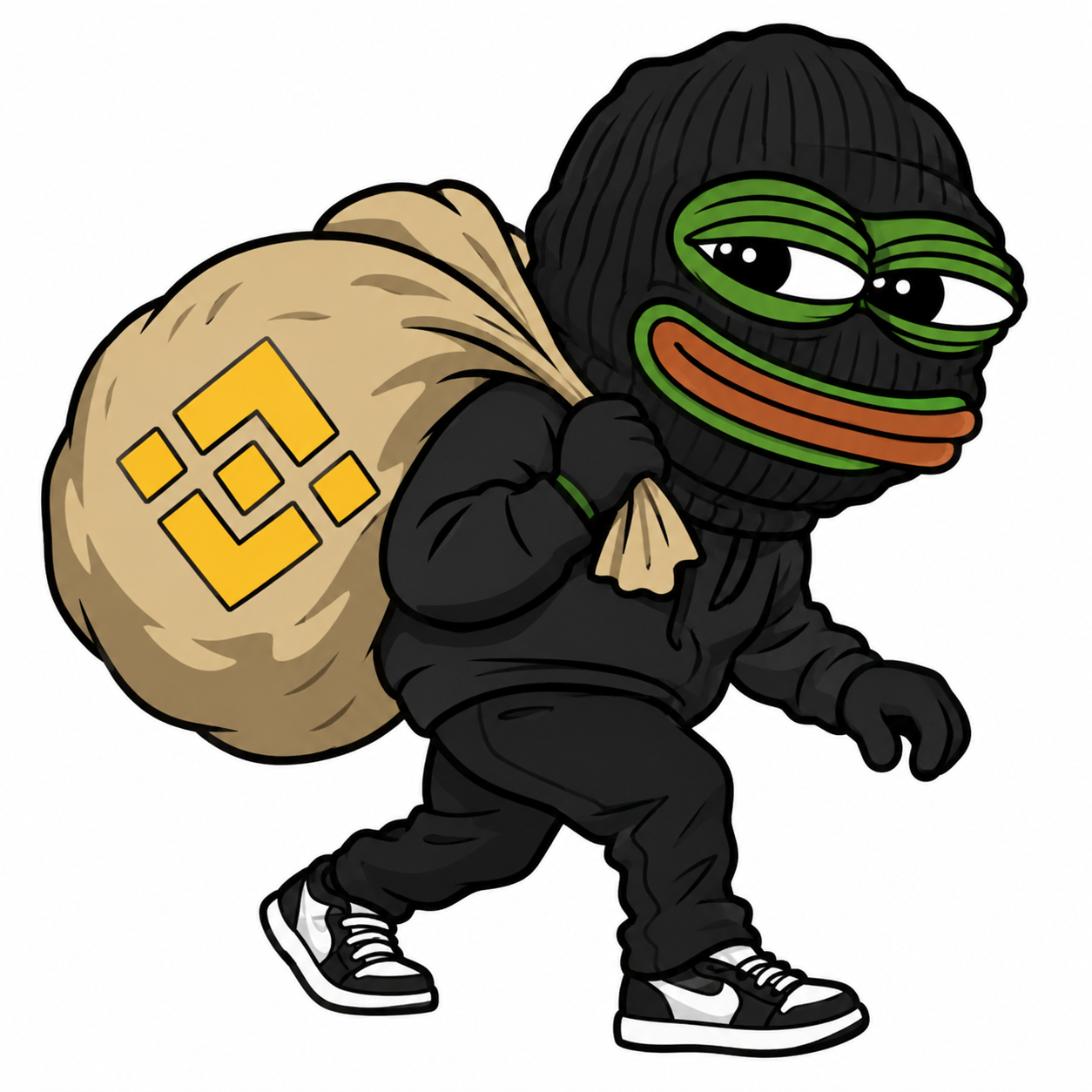 Pepe wearing a robber mask with a Binance loot sack